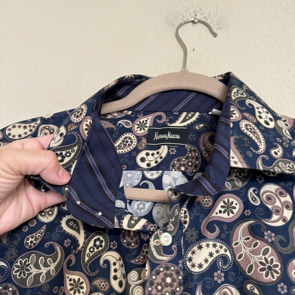 Neiman Marcus Shirt Size XXL Blue Tan Paisley Contrast Cuff Long Sleeve - Picture 5 of 16